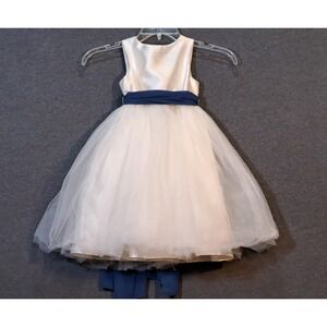 Davids Bridal Kids Ivory Tulle Ball Gown Dress Navy Blue Sash Bow Size 2